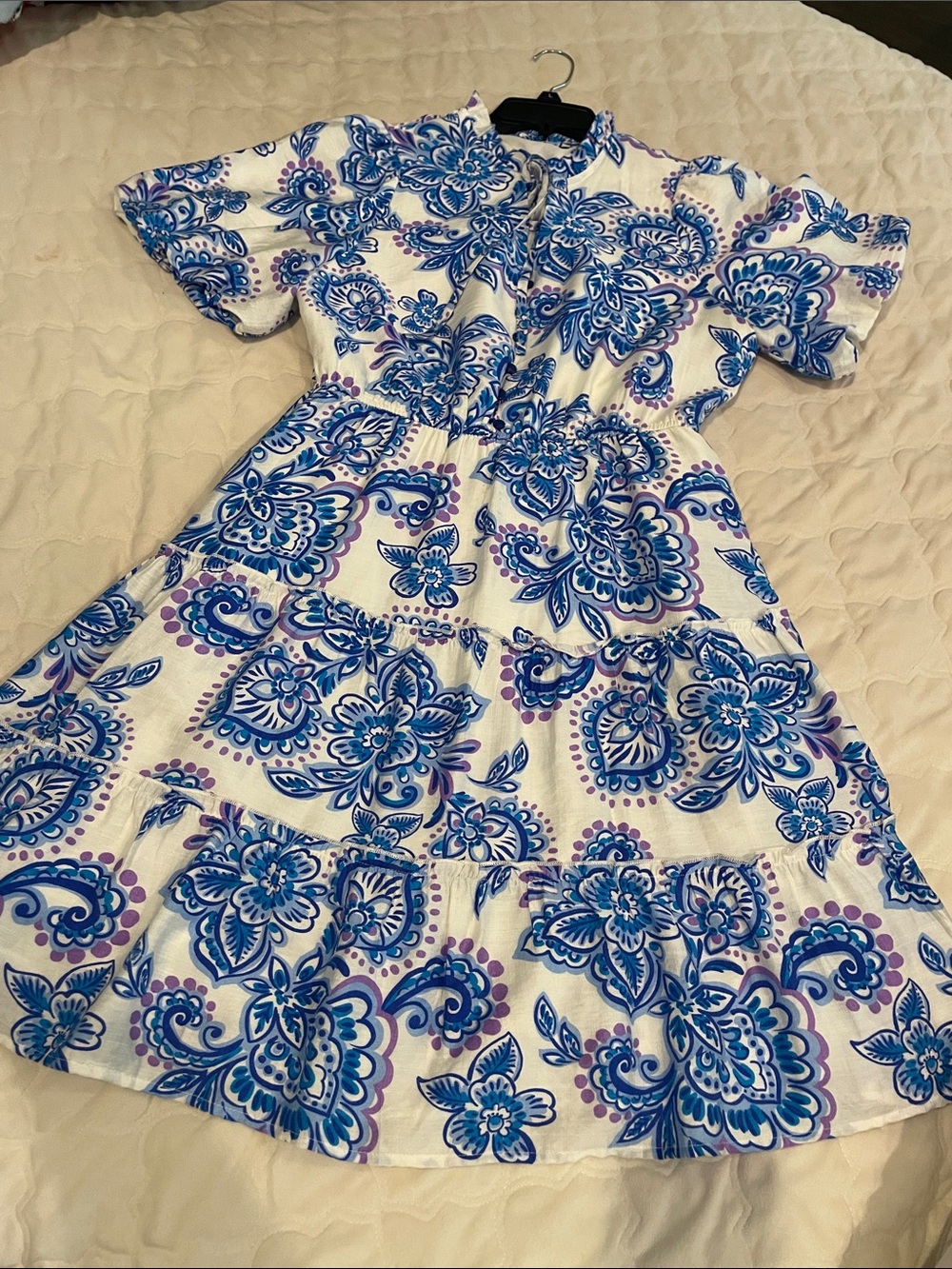 White Midi Dress with Blue Floral Print